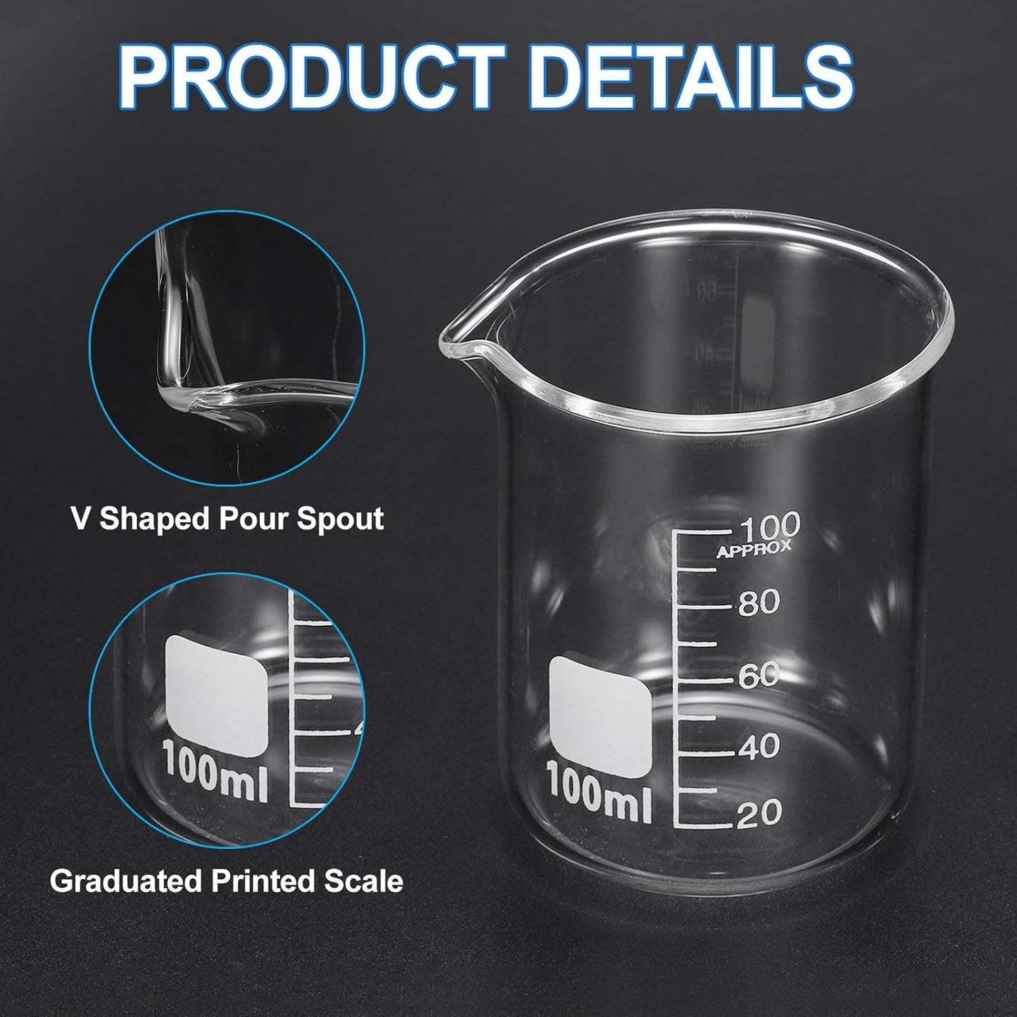 250ml Glass Beaker, 2 Pack Measuring Glass Beaker Graduated Borosilicate Lab Cups Mug Low Form Heat Safe Transparent with 50pcs Wood Sticks for Laboratory Science Kitchen Liquids