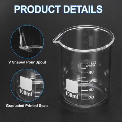 250ml Glass Beaker, 2 Pack Measuring Glass Beaker Graduated Borosilicate Lab Cups Mug Low Form Heat Safe Transparent with 50pcs Wood Sticks for Laboratory Science Kitchen Liquids
