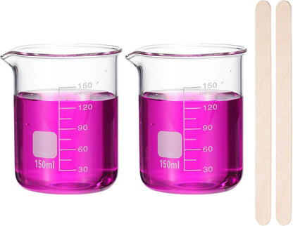 250ml Glass Beaker, 2 Pack Measuring Glass Beaker Graduated Borosilicate Lab Cups Mug Low Form Heat Safe Transparent with 50pcs Wood Sticks for Laboratory Science Kitchen Liquids