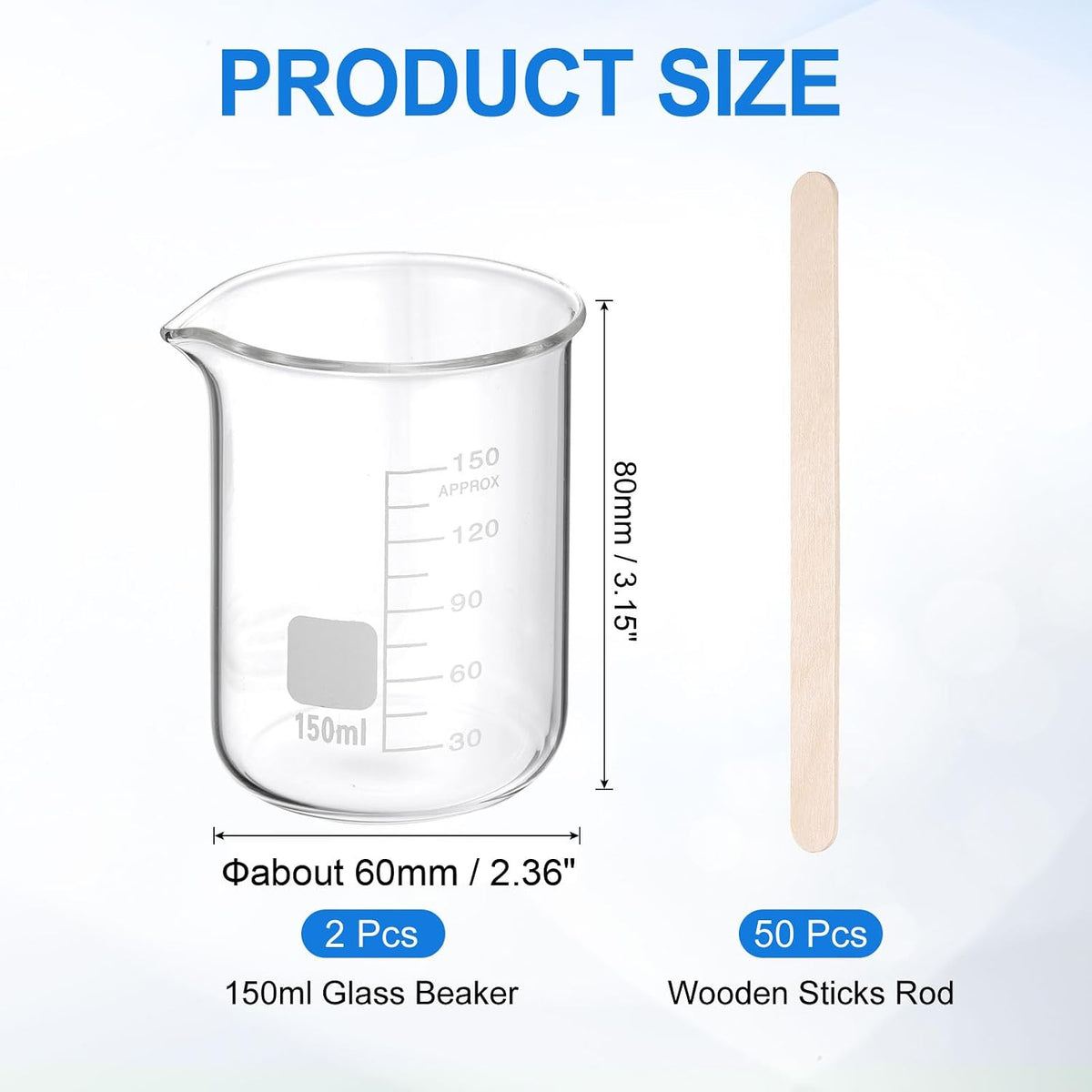 250ml Glass Beaker, 2 Pack Measuring Glass Beaker Graduated Borosilicate Lab Cups Mug Low Form Heat Safe Transparent with 50pcs Wood Sticks for Laboratory Science Kitchen Liquids
