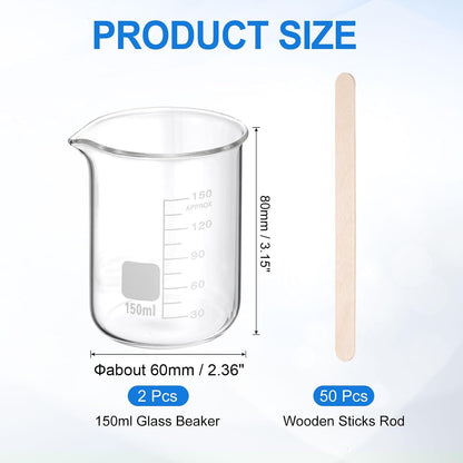 250ml Glass Beaker, 2 Pack Measuring Glass Beaker Graduated Borosilicate Lab Cups Mug Low Form Heat Safe Transparent with 50pcs Wood Sticks for Laboratory Science Kitchen Liquids