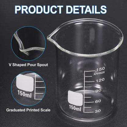 250ml Glass Beaker, 2 Pack Measuring Glass Beaker Graduated Borosilicate Lab Cups Mug Low Form Heat Safe Transparent with 50pcs Wood Sticks for Laboratory Science Kitchen Liquids