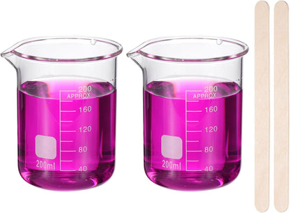 250ml Glass Beaker, 2 Pack Measuring Glass Beaker Graduated Borosilicate Lab Cups Mug Low Form Heat Safe Transparent with 50pcs Wood Sticks for Laboratory Science Kitchen Liquids