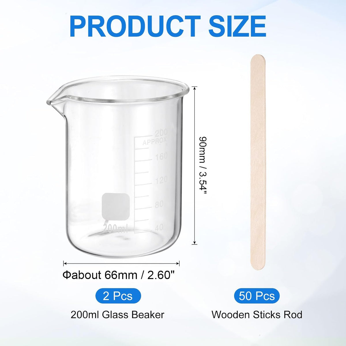 250ml Glass Beaker, 2 Pack Measuring Glass Beaker Graduated Borosilicate Lab Cups Mug Low Form Heat Safe Transparent with 50pcs Wood Sticks for Laboratory Science Kitchen Liquids