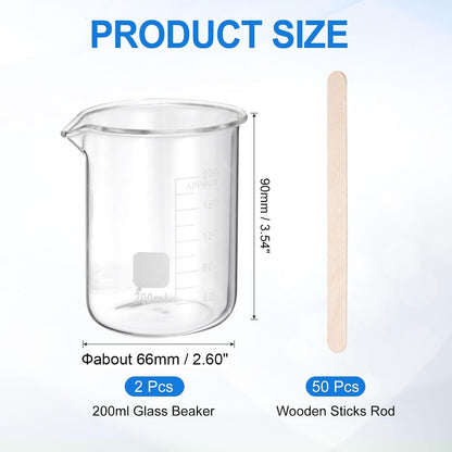 250ml Glass Beaker, 2 Pack Measuring Glass Beaker Graduated Borosilicate Lab Cups Mug Low Form Heat Safe Transparent with 50pcs Wood Sticks for Laboratory Science Kitchen Liquids