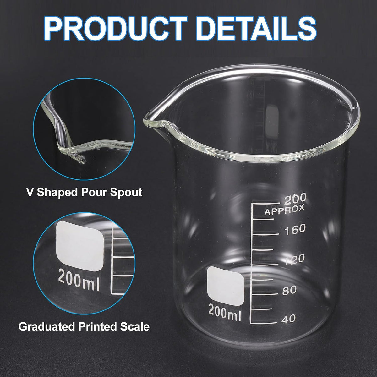 250ml Glass Beaker, 2 Pack Measuring Glass Beaker Graduated Borosilicate Lab Cups Mug Low Form Heat Safe Transparent with 50pcs Wood Sticks for Laboratory Science Kitchen Liquids