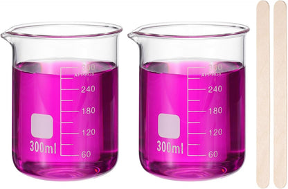 250ml Glass Beaker, 2 Pack Measuring Glass Beaker Graduated Borosilicate Lab Cups Mug Low Form Heat Safe Transparent with 50pcs Wood Sticks for Laboratory Science Kitchen Liquids