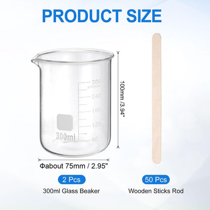 250ml Glass Beaker, 2 Pack Measuring Glass Beaker Graduated Borosilicate Lab Cups Mug Low Form Heat Safe Transparent with 50pcs Wood Sticks for Laboratory Science Kitchen Liquids