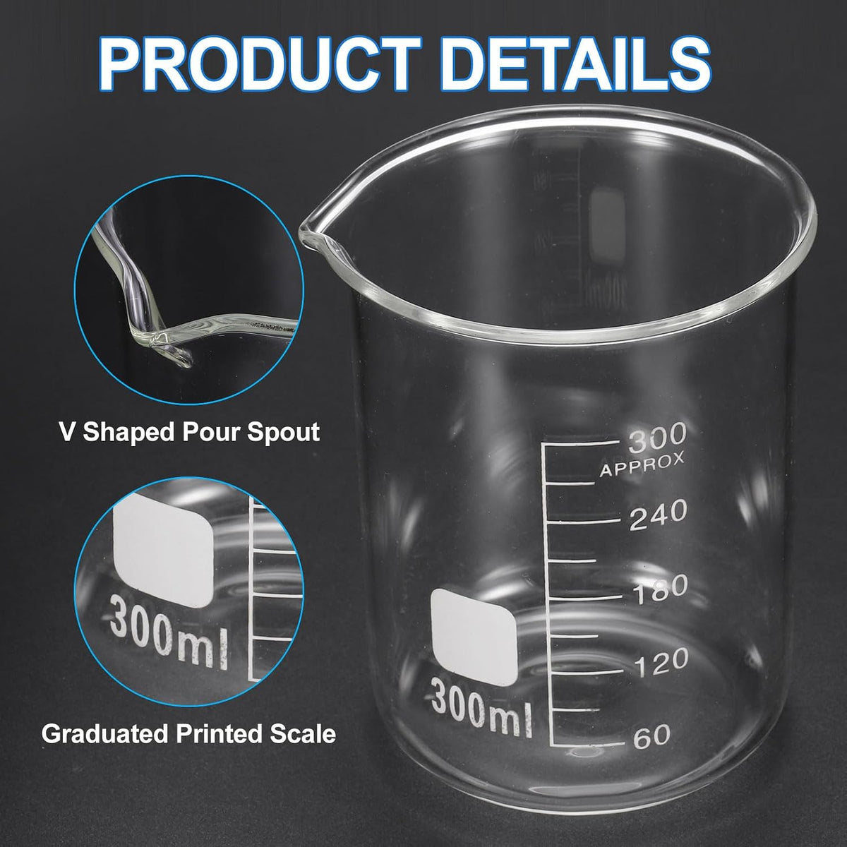 250ml Glass Beaker, 2 Pack Measuring Glass Beaker Graduated Borosilicate Lab Cups Mug Low Form Heat Safe Transparent with 50pcs Wood Sticks for Laboratory Science Kitchen Liquids