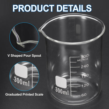 250ml Glass Beaker, 2 Pack Measuring Glass Beaker Graduated Borosilicate Lab Cups Mug Low Form Heat Safe Transparent with 50pcs Wood Sticks for Laboratory Science Kitchen Liquids