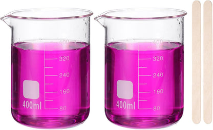 250ml Glass Beaker, 2 Pack Measuring Glass Beaker Graduated Borosilicate Lab Cups Mug Low Form Heat Safe Transparent with 50pcs Wood Sticks for Laboratory Science Kitchen Liquids