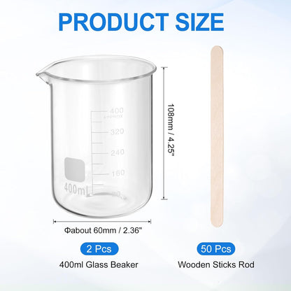 250ml Glass Beaker, 2 Pack Measuring Glass Beaker Graduated Borosilicate Lab Cups Mug Low Form Heat Safe Transparent with 50pcs Wood Sticks for Laboratory Science Kitchen Liquids
