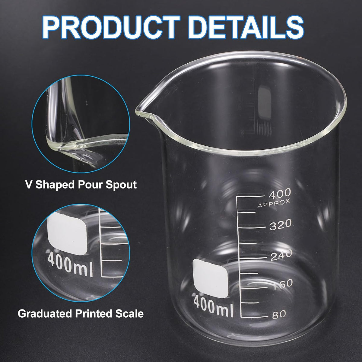250ml Glass Beaker, 2 Pack Measuring Glass Beaker Graduated Borosilicate Lab Cups Mug Low Form Heat Safe Transparent with 50pcs Wood Sticks for Laboratory Science Kitchen Liquids