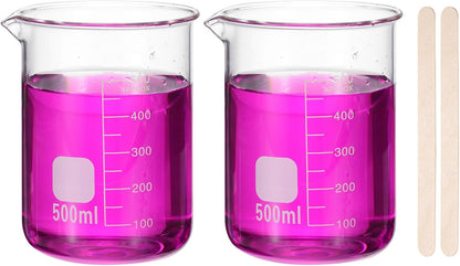 250ml Glass Beaker, 2 Pack Measuring Glass Beaker Graduated Borosilicate Lab Cups Mug Low Form Heat Safe Transparent with 50pcs Wood Sticks for Laboratory Science Kitchen Liquids