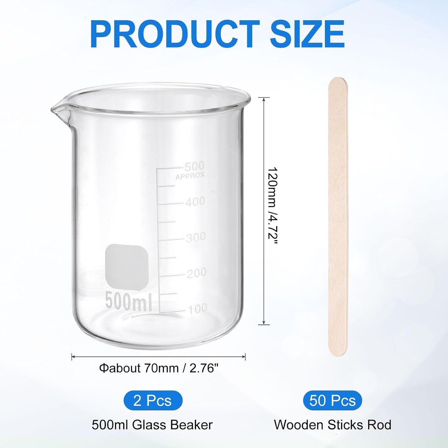 250ml Glass Beaker, 2 Pack Measuring Glass Beaker Graduated Borosilicate Lab Cups Mug Low Form Heat Safe Transparent with 50pcs Wood Sticks for Laboratory Science Kitchen Liquids