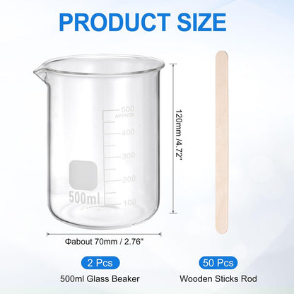 250ml Glass Beaker, 2 Pack Measuring Glass Beaker Graduated Borosilicate Lab Cups Mug Low Form Heat Safe Transparent with 50pcs Wood Sticks for Laboratory Science Kitchen Liquids