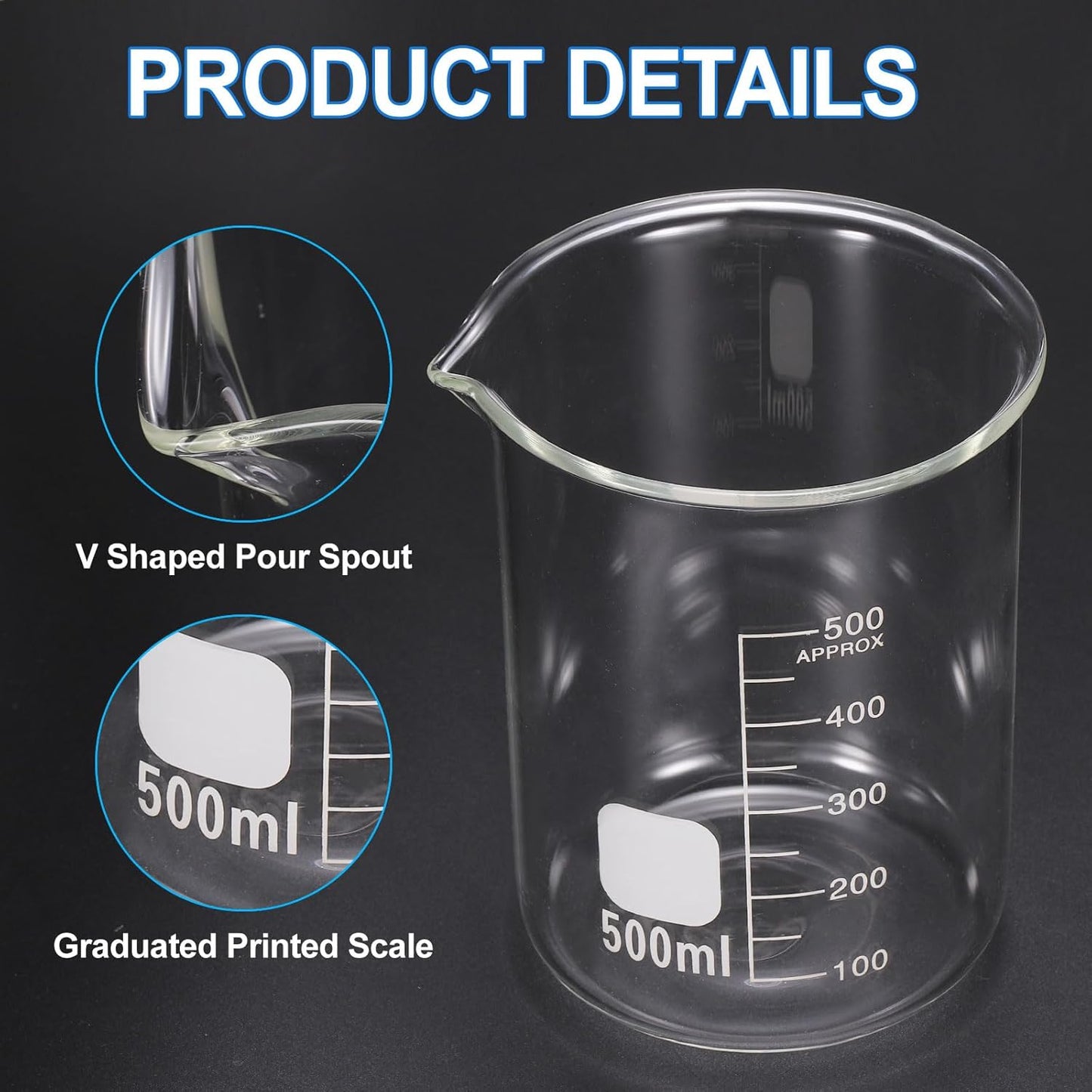 250ml Glass Beaker, 2 Pack Measuring Glass Beaker Graduated Borosilicate Lab Cups Mug Low Form Heat Safe Transparent with 50pcs Wood Sticks for Laboratory Science Kitchen Liquids