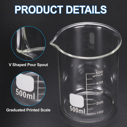 250ml Glass Beaker, 2 Pack Measuring Glass Beaker Graduated Borosilicate Lab Cups Mug Low Form Heat Safe Transparent with 50pcs Wood Sticks for Laboratory Science Kitchen Liquids