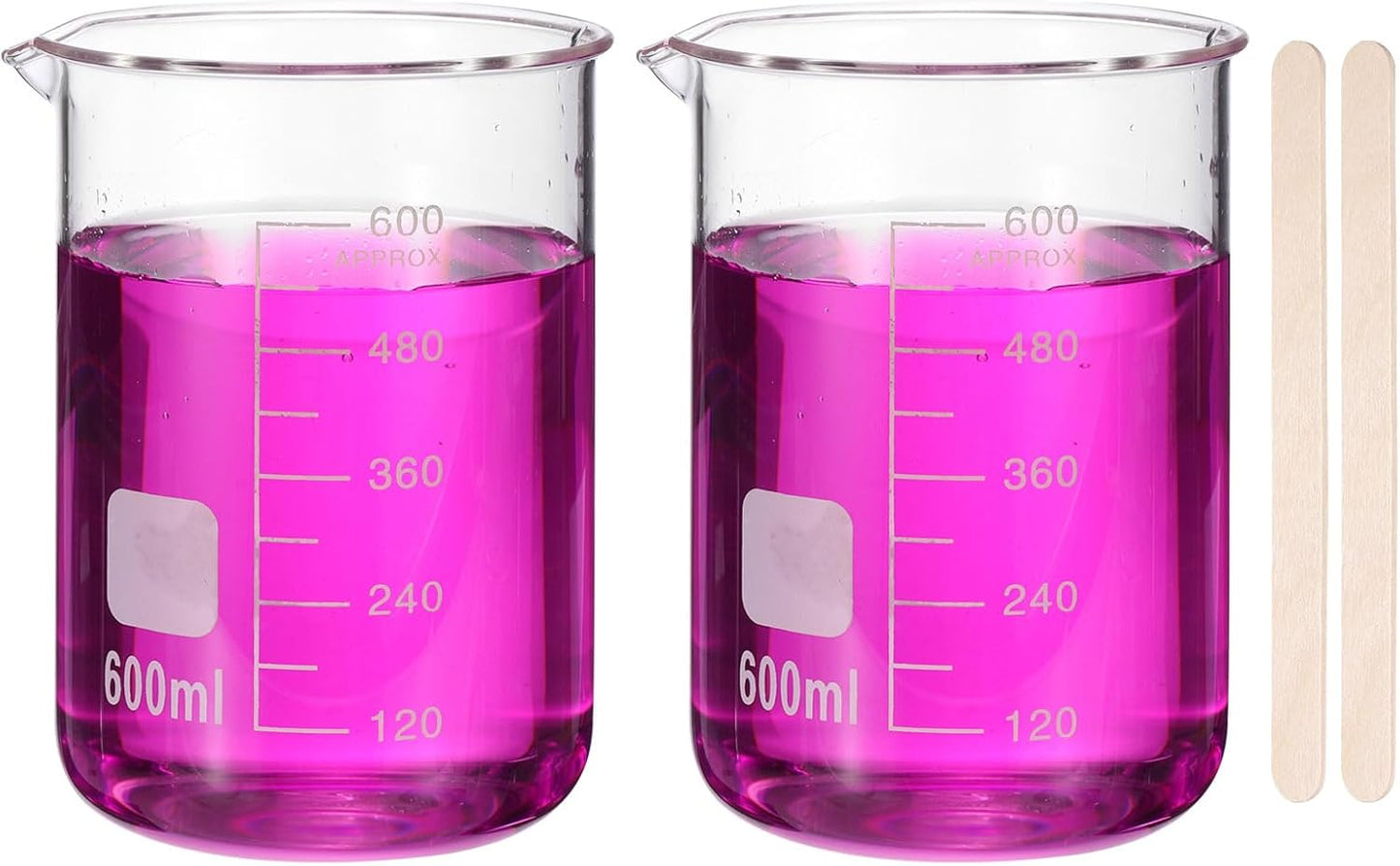250ml Glass Beaker, 2 Pack Measuring Glass Beaker Graduated Borosilicate Lab Cups Mug Low Form Heat Safe Transparent with 50pcs Wood Sticks for Laboratory Science Kitchen Liquids