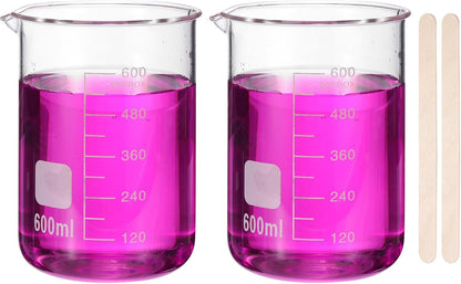 250ml Glass Beaker, 2 Pack Measuring Glass Beaker Graduated Borosilicate Lab Cups Mug Low Form Heat Safe Transparent with 50pcs Wood Sticks for Laboratory Science Kitchen Liquids