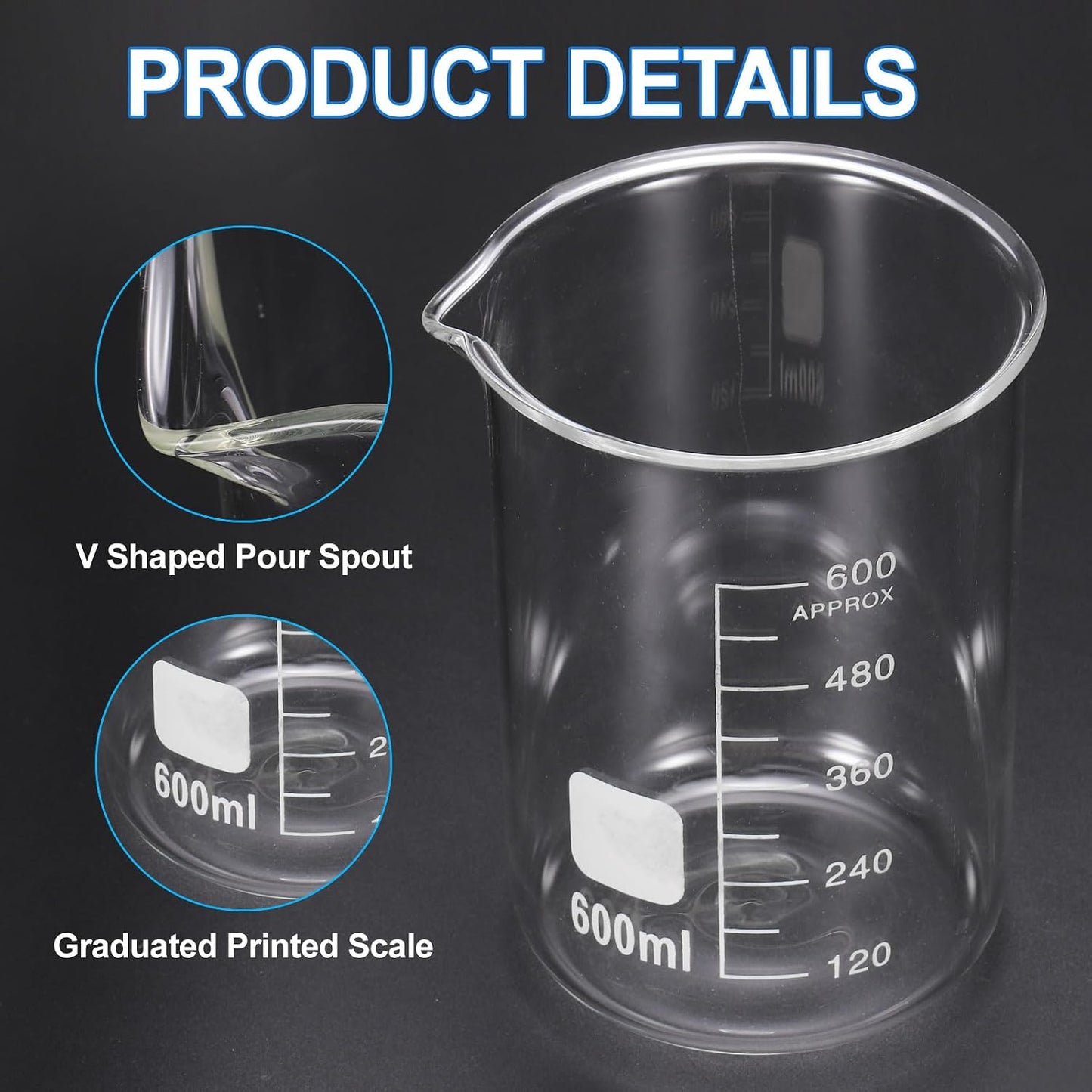 250ml Glass Beaker, 2 Pack Measuring Glass Beaker Graduated Borosilicate Lab Cups Mug Low Form Heat Safe Transparent with 50pcs Wood Sticks for Laboratory Science Kitchen Liquids