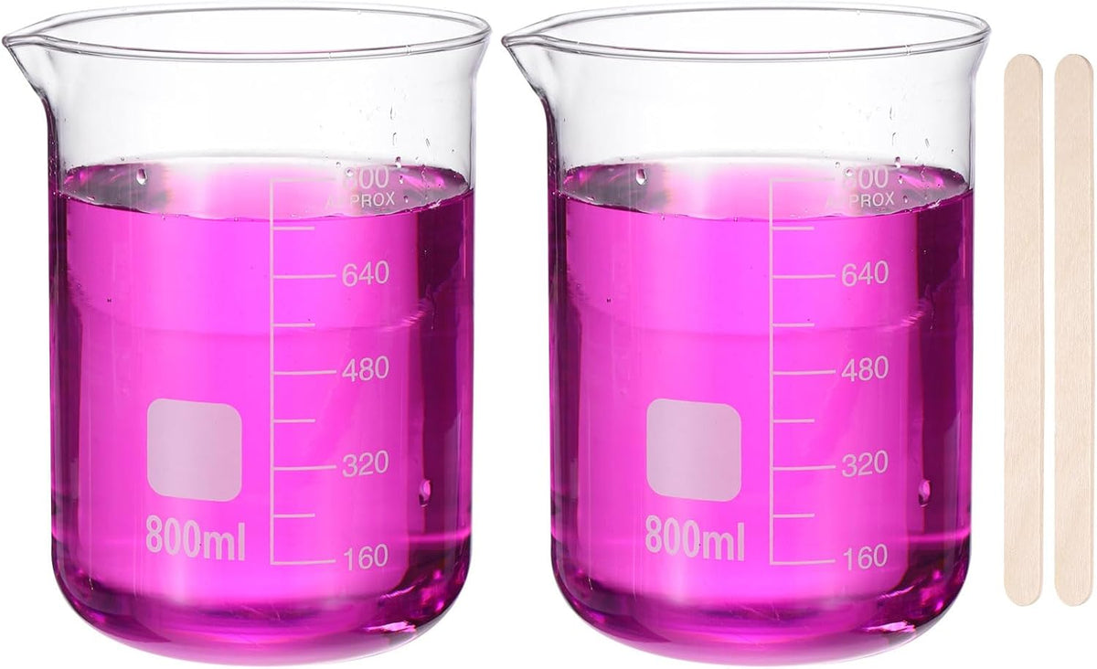 250ml Glass Beaker, 2 Pack Measuring Glass Beaker Graduated Borosilicate Lab Cups Mug Low Form Heat Safe Transparent with 50pcs Wood Sticks for Laboratory Science Kitchen Liquids