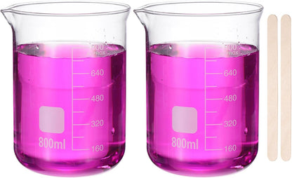 250ml Glass Beaker, 2 Pack Measuring Glass Beaker Graduated Borosilicate Lab Cups Mug Low Form Heat Safe Transparent with 50pcs Wood Sticks for Laboratory Science Kitchen Liquids