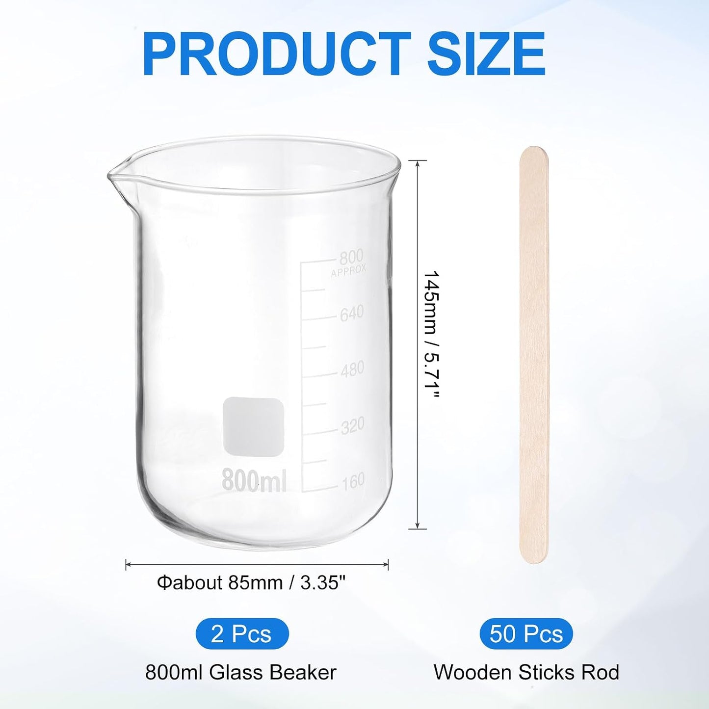 250ml Glass Beaker, 2 Pack Measuring Glass Beaker Graduated Borosilicate Lab Cups Mug Low Form Heat Safe Transparent with 50pcs Wood Sticks for Laboratory Science Kitchen Liquids