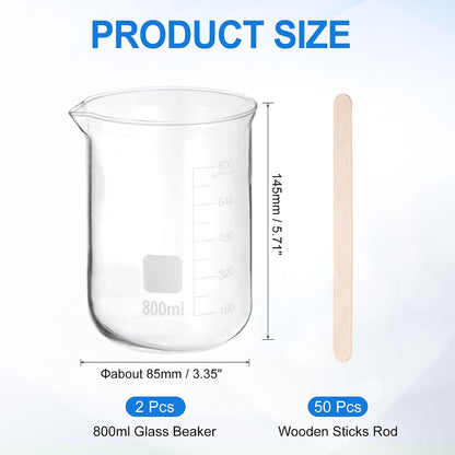 250ml Glass Beaker, 2 Pack Measuring Glass Beaker Graduated Borosilicate Lab Cups Mug Low Form Heat Safe Transparent with 50pcs Wood Sticks for Laboratory Science Kitchen Liquids