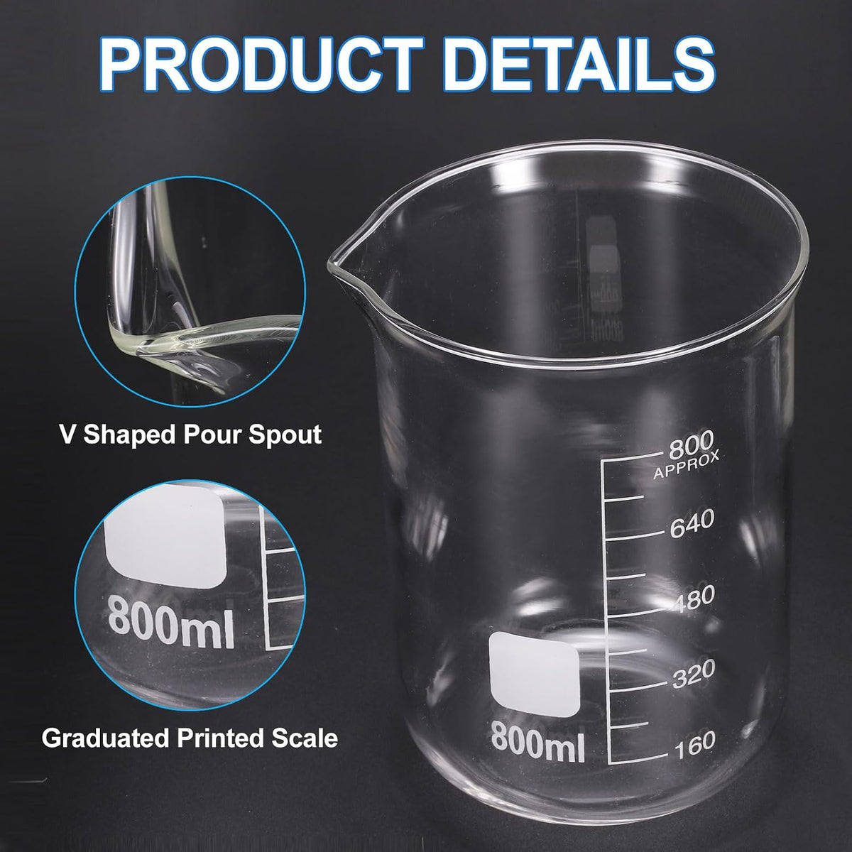 250ml Glass Beaker, 2 Pack Measuring Glass Beaker Graduated Borosilicate Lab Cups Mug Low Form Heat Safe Transparent with 50pcs Wood Sticks for Laboratory Science Kitchen Liquids