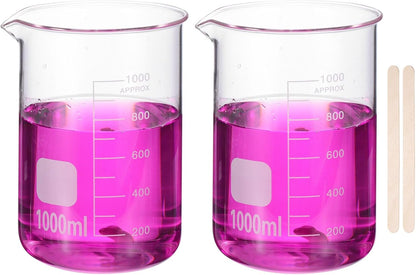 250ml Glass Beaker, 2 Pack Measuring Glass Beaker Graduated Borosilicate Lab Cups Mug Low Form Heat Safe Transparent with 50pcs Wood Sticks for Laboratory Science Kitchen Liquids
