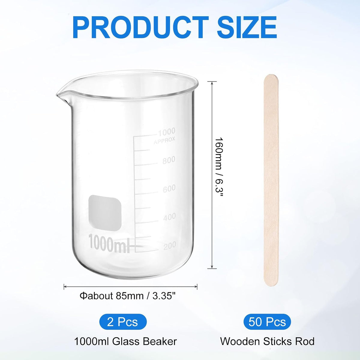 250ml Glass Beaker, 2 Pack Measuring Glass Beaker Graduated Borosilicate Lab Cups Mug Low Form Heat Safe Transparent with 50pcs Wood Sticks for Laboratory Science Kitchen Liquids