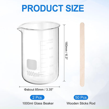 250ml Glass Beaker, 2 Pack Measuring Glass Beaker Graduated Borosilicate Lab Cups Mug Low Form Heat Safe Transparent with 50pcs Wood Sticks for Laboratory Science Kitchen Liquids