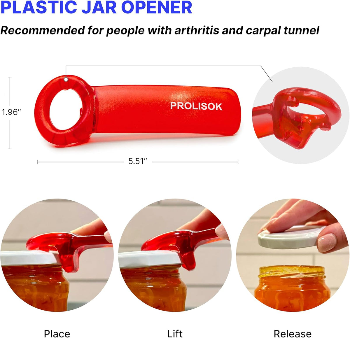 Jar Opener for Seniors with Arthritis, Plastic Jar Lid Opener for Weak Hands, Jar Opener Tool 5.5 inch – Red
