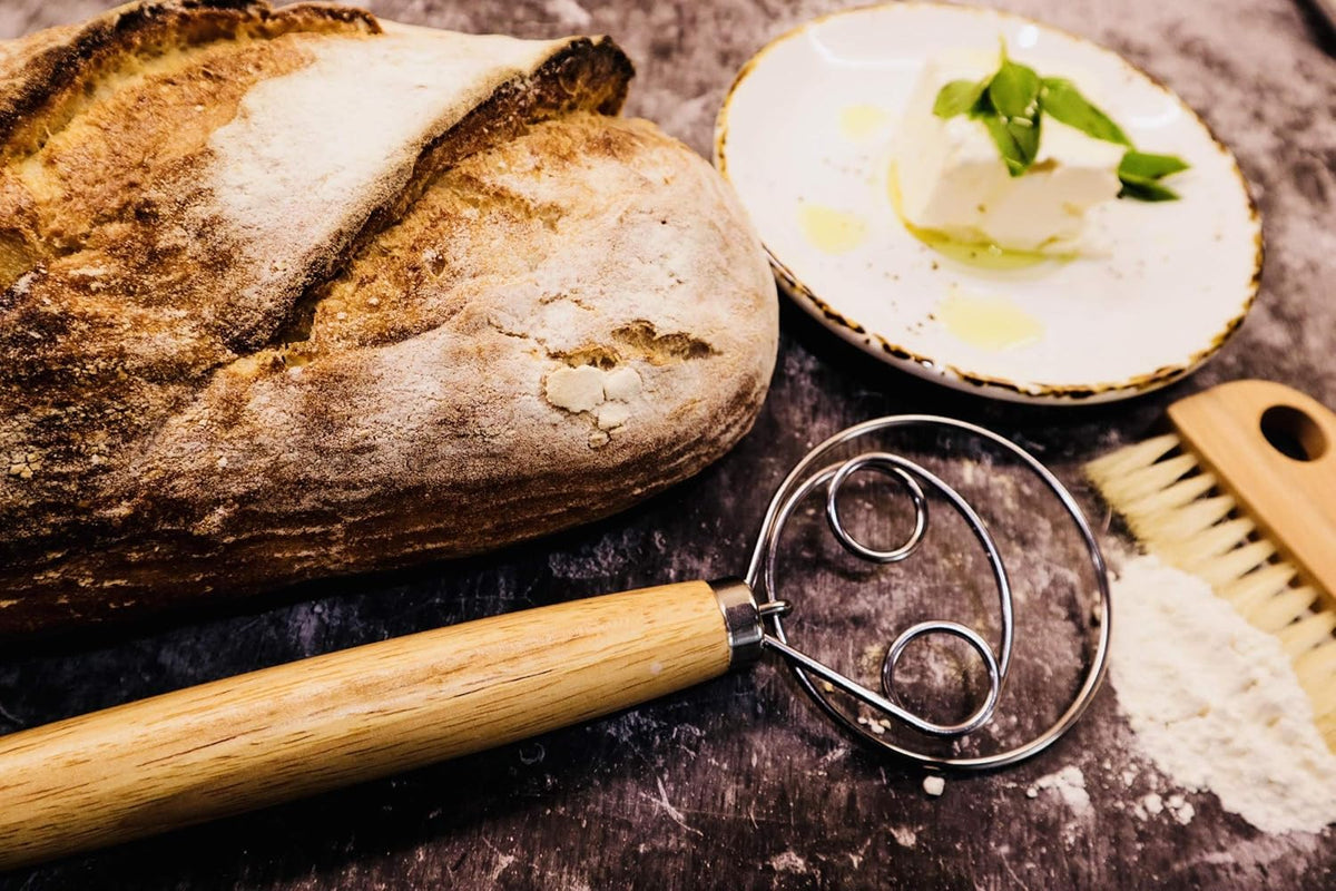 13.5" Original Danish Dough Whisk/Dutch Whisk and Baker‘s Bench/Counter Brush-Bakers Bread Kit Bundle-Hand Mixer/Blender for Cake Bread Pizza and Pastry Making, Stainless steel