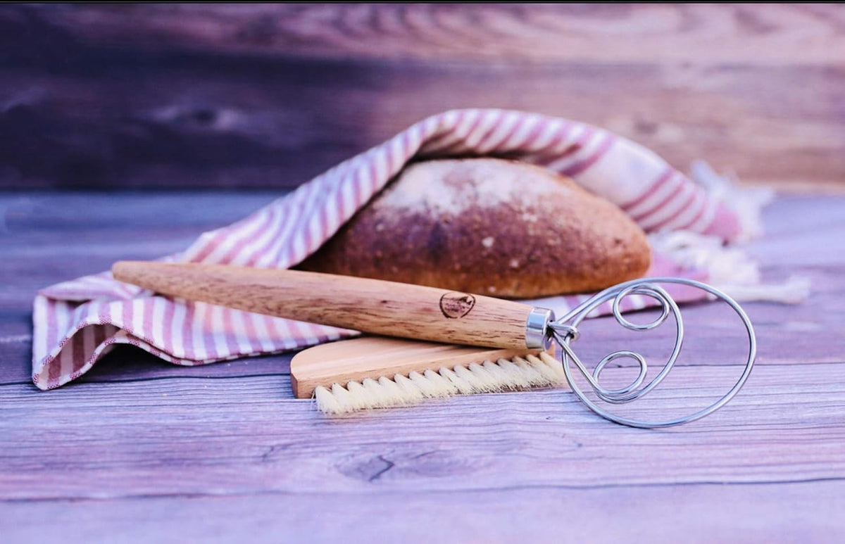 13.5" Original Danish Dough Whisk/Dutch Whisk and Baker‘s Bench/Counter Brush-Bakers Bread Kit Bundle-Hand Mixer/Blender for Cake Bread Pizza and Pastry Making, Stainless steel