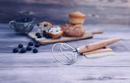 13.5" Original Danish Dough Whisk/Dutch Whisk and Baker‘s Bench/Counter Brush-Bakers Bread Kit Bundle-Hand Mixer/Blender for Cake Bread Pizza and Pastry Making, Stainless steel