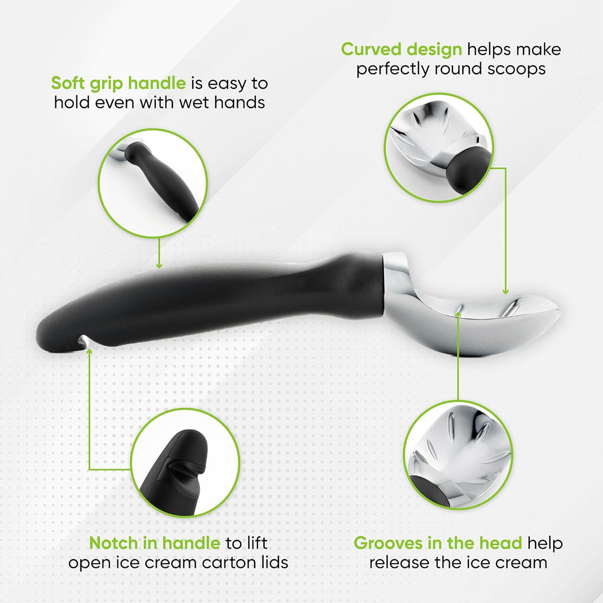 Heavy Duty Metal Ice Cream Scoop with Soft Grip Handle, Black