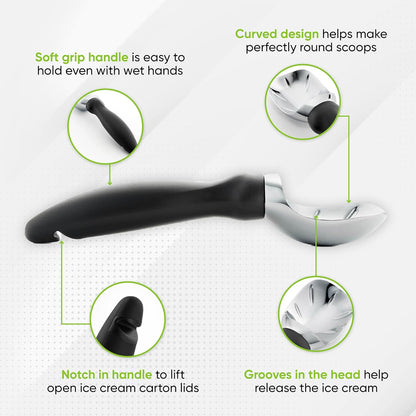 Heavy Duty Metal Ice Cream Scoop with Soft Grip Handle, Black