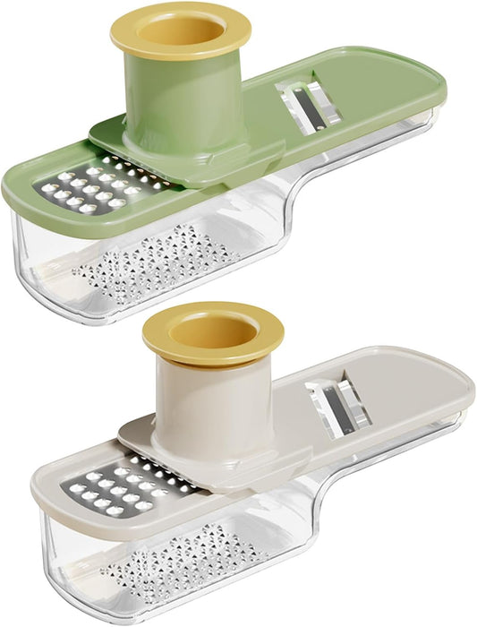 2 Pieces Mini Mandoline Slicer 3 in 1 - Ginger Garlic Grater, Vegetable Chopper with Container, Easy Grip Handheld Kitchen Tool, Safety Guard, for Camping Cooking and Picnic