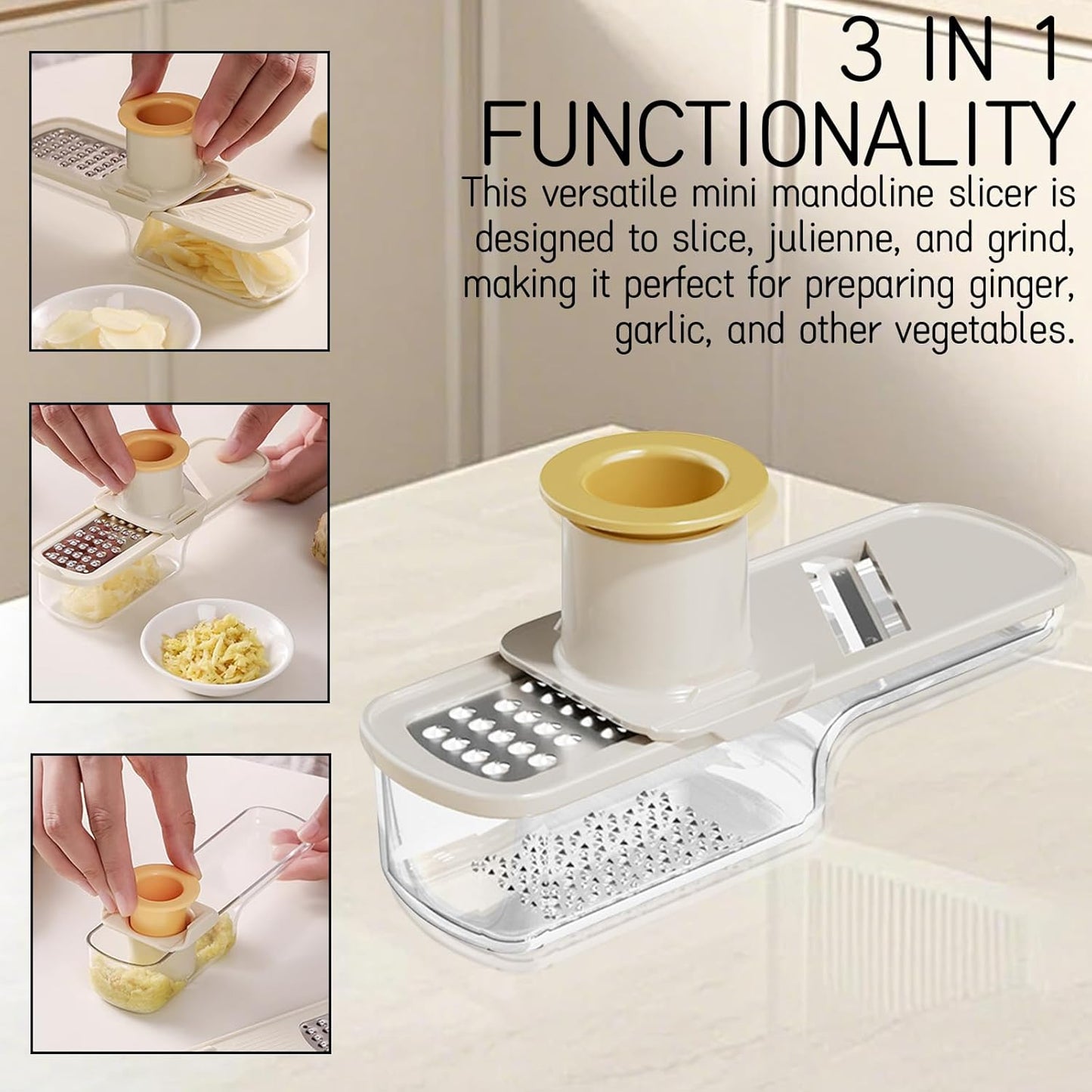 2 Pieces Mini Mandoline Slicer 3 in 1 - Ginger Garlic Grater, Vegetable Chopper with Container, Easy Grip Handheld Kitchen Tool, Safety Guard, for Camping Cooking and Picnic
