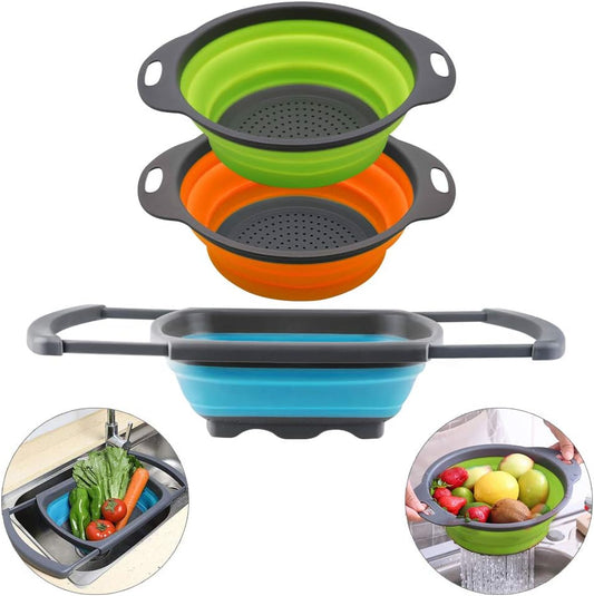Collapsible Colander Set of 3-2 PC 4 Quart and 1 PC 6 Quart Over the Sink Colander - Food-Grade Sturdy Plastic Base - Round Space-save Silicone Kitchen Foldable Food Strainer