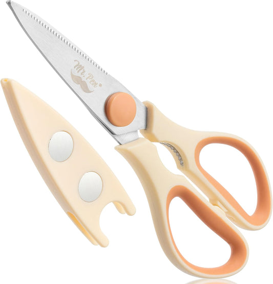 All Purpose Kitchen Shears with Protective Sheath, 8 Inch | Dishwasher Safe, Stainless Steel Food Scissors with Micro-Serrated Blades, Durable Utility Kitchen Shears, Cream & Tan