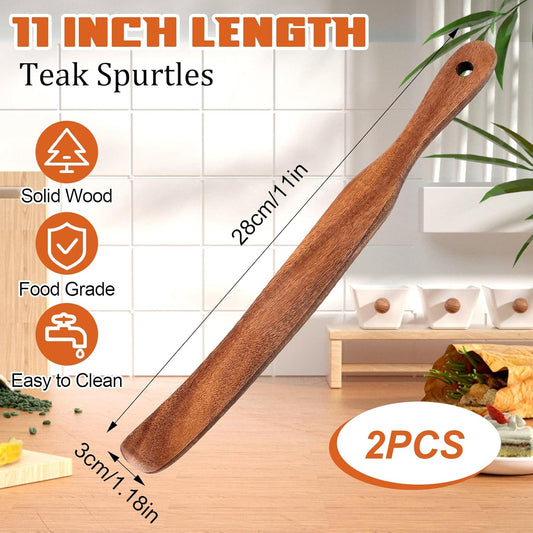 2 Pack Spurtle for Sourdough Starter, Sourdough Spatula Dough Whisk Mixing Reaching Bottom of Jar Long Handle Skinny Wooden Spurtle Spatula Tools for Non-Stick Cookware