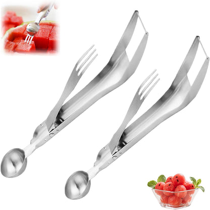 2Packs 3-in-1 Watermelon Fork Slicer,Portable Stainless steel Watermelon Slicer with Melon Baller Scoop Extra,Dual Head Stainless Steel Fruit Forks Knife for Family Parties Camping