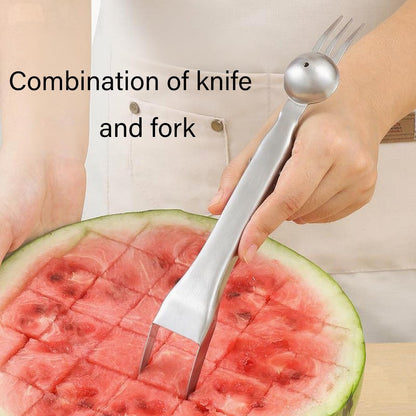 2Packs 3-in-1 Watermelon Fork Slicer,Portable Stainless steel Watermelon Slicer with Melon Baller Scoop Extra,Dual Head Stainless Steel Fruit Forks Knife for Family Parties Camping