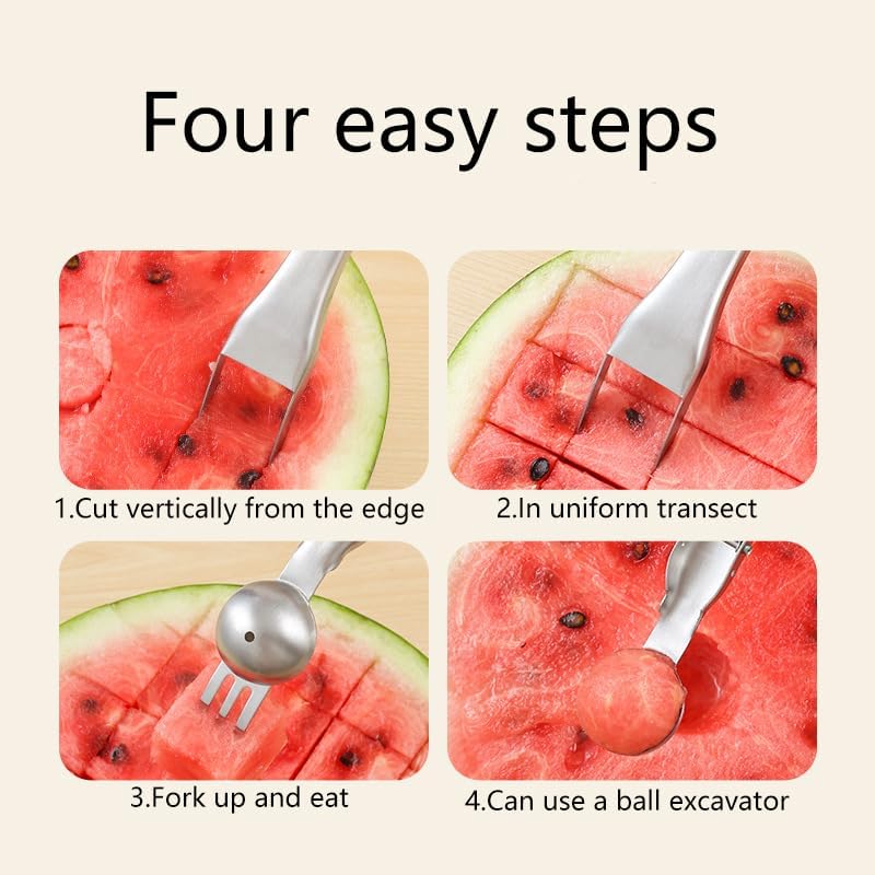 2Packs 3-in-1 Watermelon Fork Slicer,Portable Stainless steel Watermelon Slicer with Melon Baller Scoop Extra,Dual Head Stainless Steel Fruit Forks Knife for Family Parties Camping