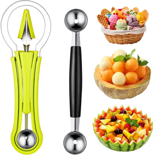 2 Pcs Melon Baller Scoop Set 4 in 1 Stainless Steel Fruit Scooper | Double Ended Headed ，Seed Remover & Carving Knife Included, Fruit Watermelon Ice Cream Baller, Dishwasher Safe