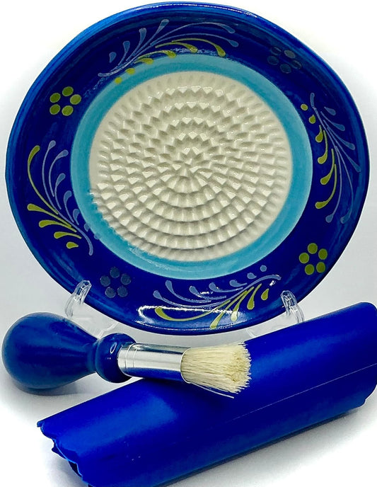 Premium Ceramic Garlic Grater Plate Set - Double Blue Circle Flower | Includes 5" Plate, Peeler, Brush, and Stand - For Strawberries, Ginger, Chocolate, Cheese, and more - Make your own puree!