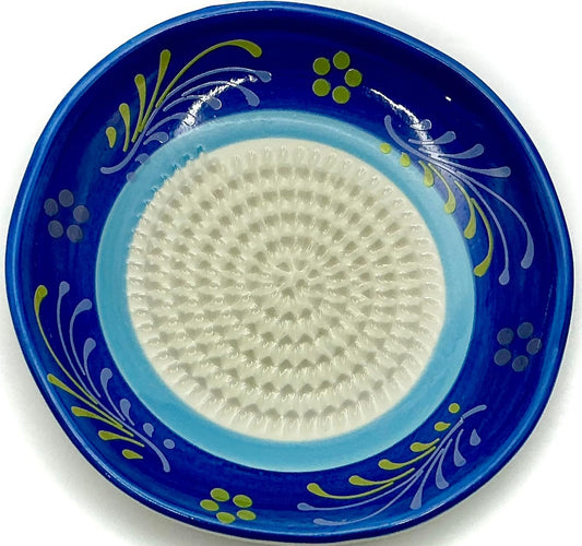Premium Ceramic Garlic Grater Plate Set - Double Blue Circle Flower | Includes 5" Plate, Peeler, Brush, and Stand - For Strawberries, Ginger, Chocolate, Cheese, and more - Make your own puree!